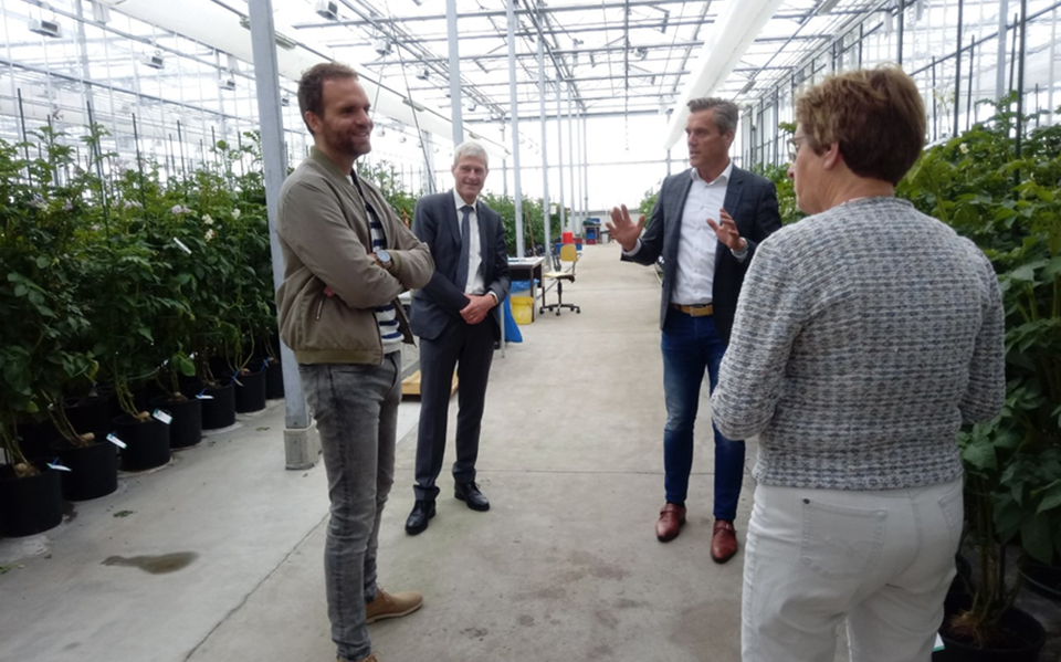 Derk Boswijk (links) op bezoek bij het onderzoeksinstituut van de HZPC in Metslawier. Verder v.l.n.r. Gerard Backx (CEO HZPC), Robert Graveland (directeur onderzoeksinstituut) en Maaike Prins (Statenlid CDA)