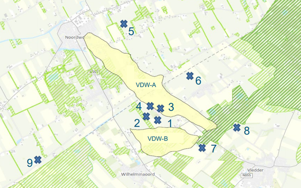 De negen mogelijke boorlocaties voor het boren naar twee gasvelden in het gebied Noordwolde-Wilhelminaoord. FOTO Vermilion Energy