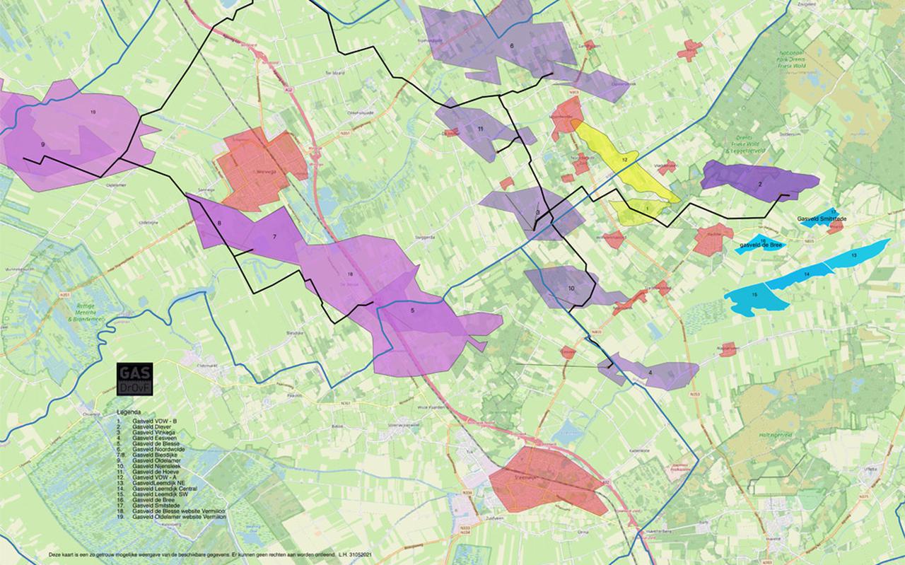 Overzicht GasDrOvF van alle gasveldjes in het provinciale grensgebied, met in het geel de twee nieuwe tussen Wilhelminaoord en Noordwolde.