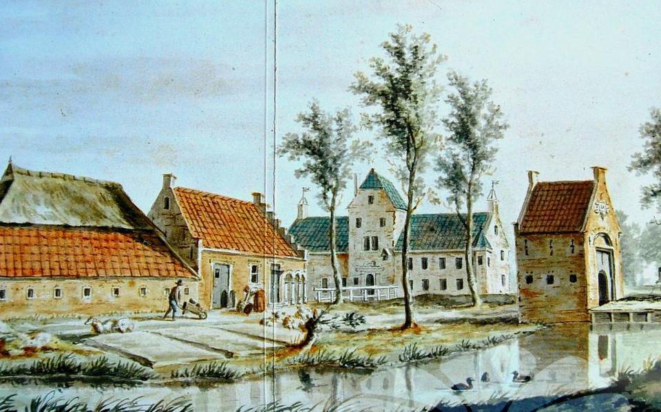 Op het erf van adellijke states stond vroeger vaak een boerderij. Dat is op deze afbeelding van de Leeuwarder Camminghastate (Cambuur) in 1782 goed te zien. Op de achtergrond staat het slot en rechts het poortgebouw bij de erftoegang. Afbeelding Historisch Centrum Leeuwarden.